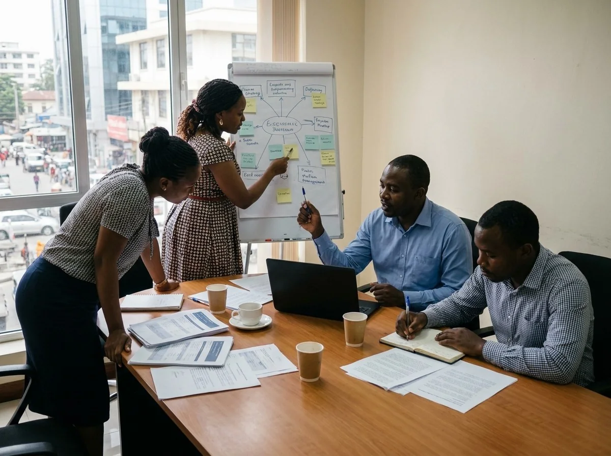 A consulting team collaborating around a table with notes and a whiteboard during a structured planning session