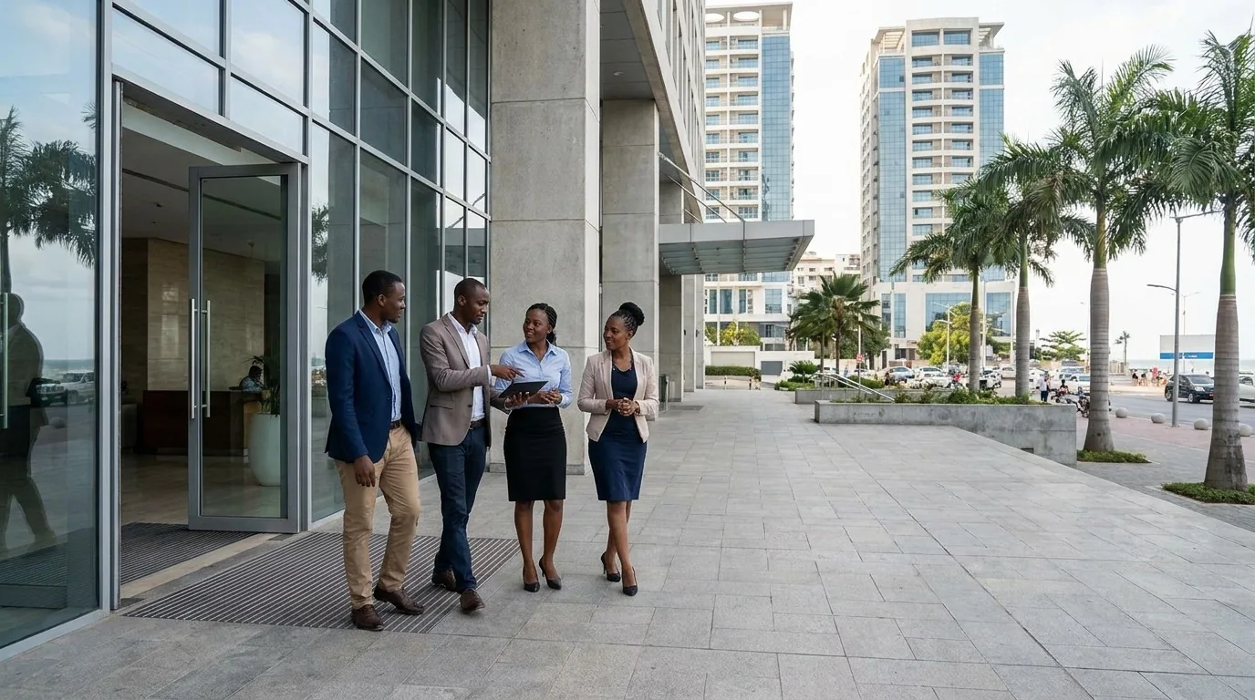 Four colleagues walking together and talking outside a contemporary Dar es Salaam office building