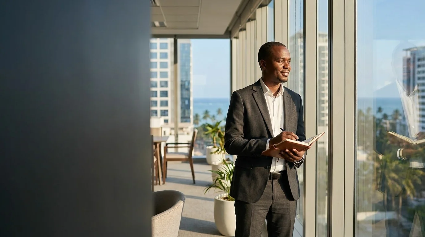 A professional standing at a window, notebook in hand, looking out over the city from a contemporary office building